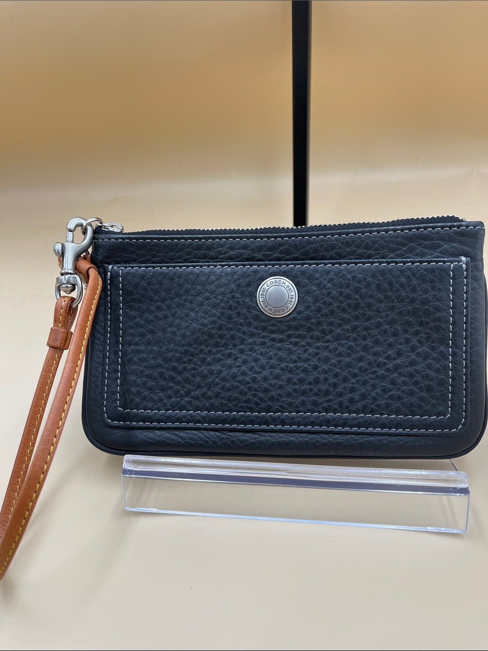 Coach Black Pebbled Leather Wristlet with Brown Strap